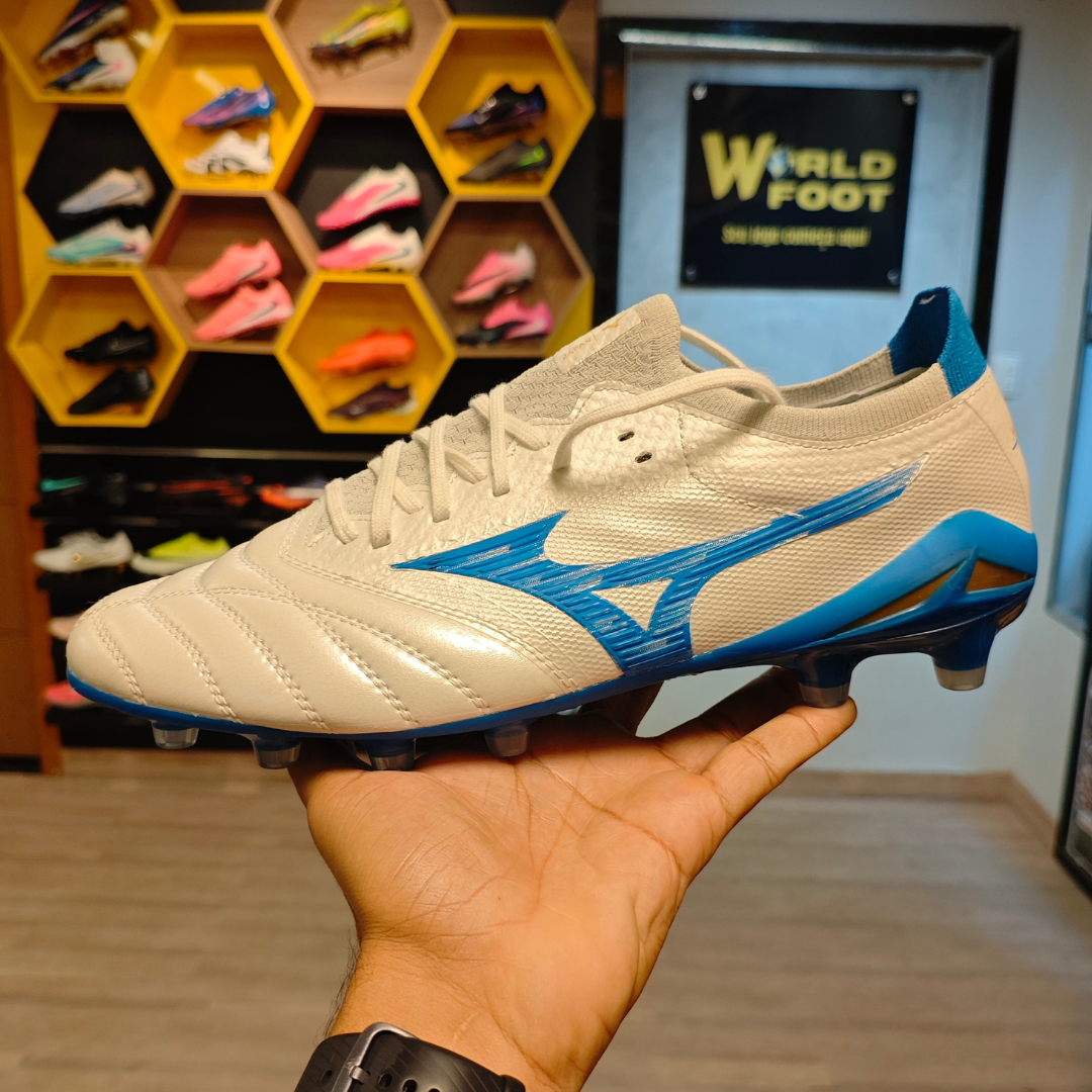 Chuteira de Campo Mizuno Morelia Neo 4 Fg Branco/Azul -PRONTA ENTREGA