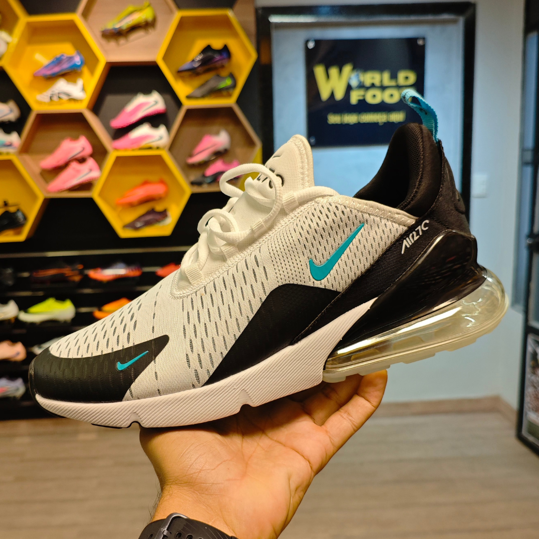 Tênis Nike Air Max 270 – Branco, Preto e Azul-Turquesa -PRONTA ENTREGA