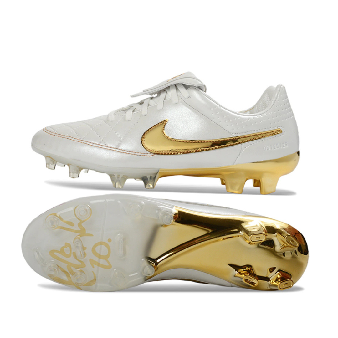 Chuteira de Campo NIKE Tiempo Legend R10 Touch Of Gold Dourado - Branco