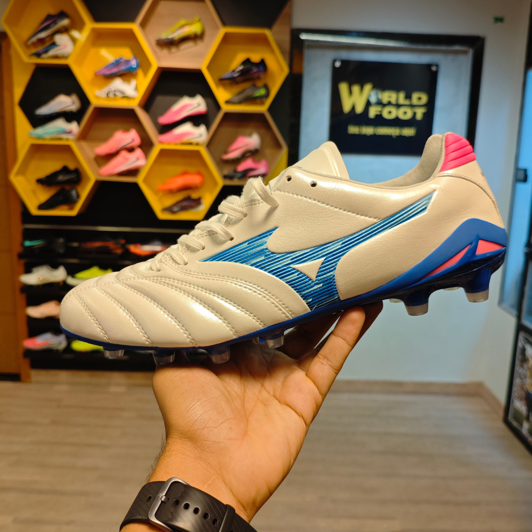 Chuteira de Campo Mizuno Morelia Neo IV Fg Elite Branco/Azul - PRONTA ENTREGA