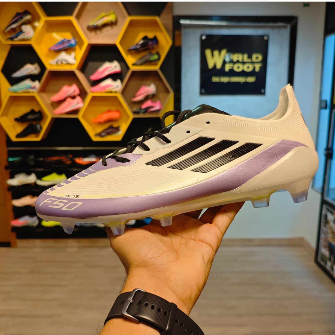 Chuteira de Campo Adidas F50 FG Messi Branca, Roxa e Verde - PRONTA ENTREGA
