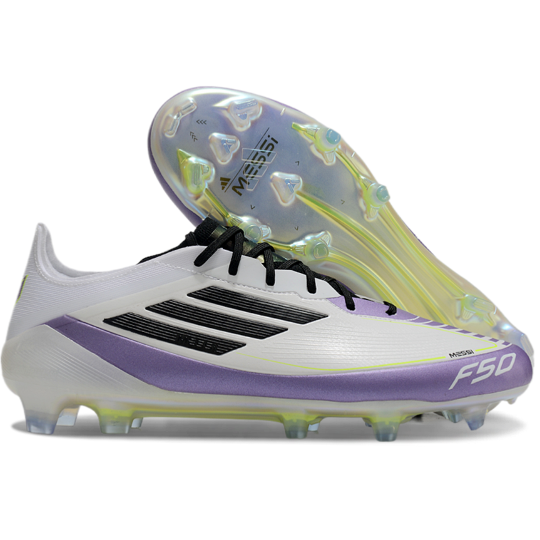 Chuteira de Campo Adidas F50 FG Messi Branca, Roxa e Verde